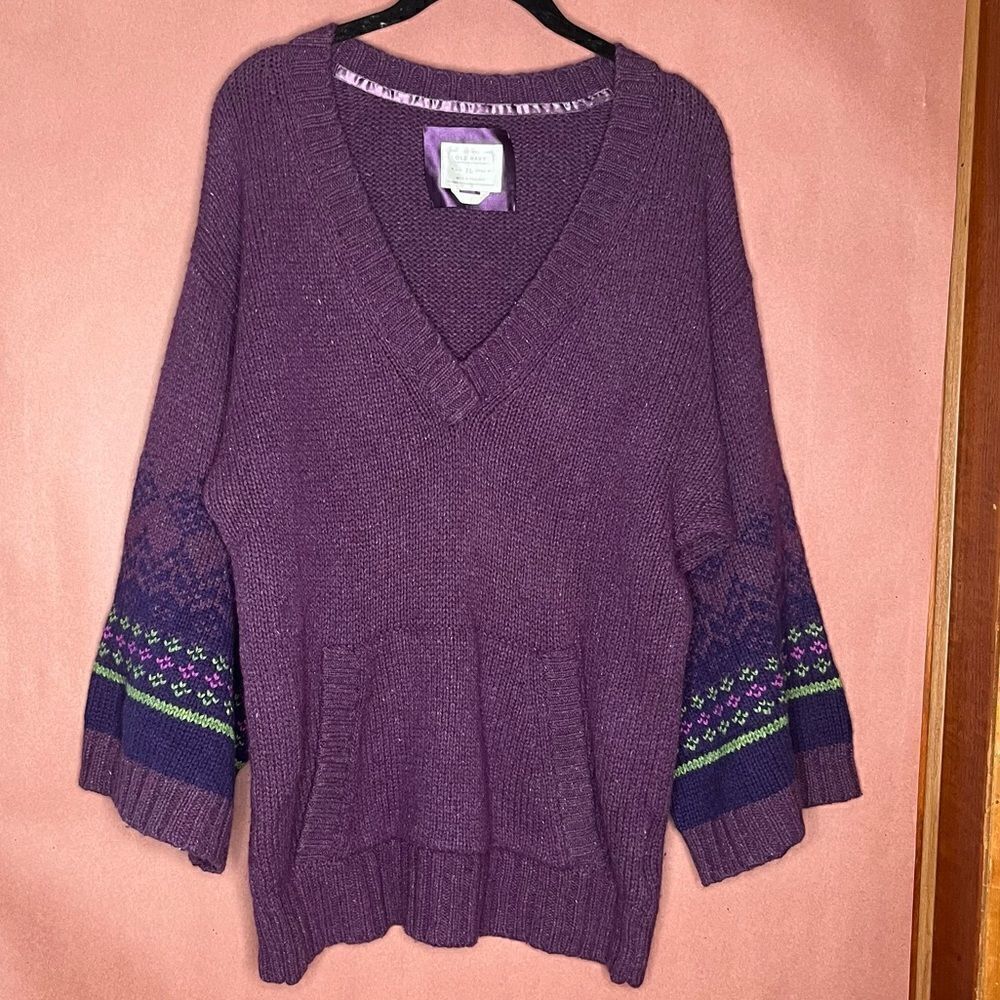 Old Navy Fair Isle Wide Sleeve V neck Sweater kangaroo pocket Vintage XL